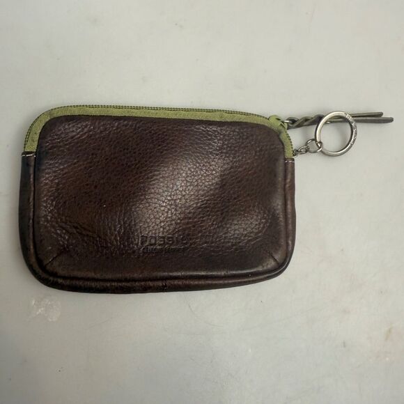 Fossil Leather Brown Green Women's Coin Purse Wallet w/ Keyring EUC - Picture 5 of 14